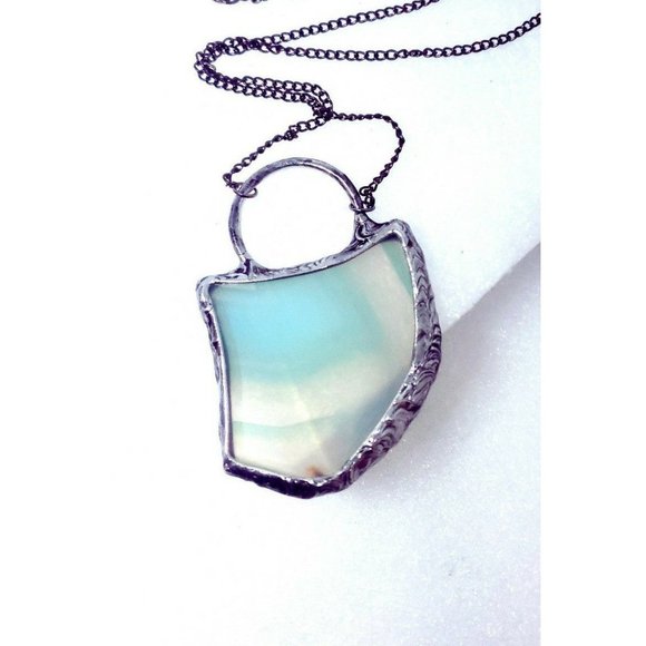 Blue agate crystal necklace handmade gothic metalwork fantasy jewelry beach gems - Picture 1 of 12